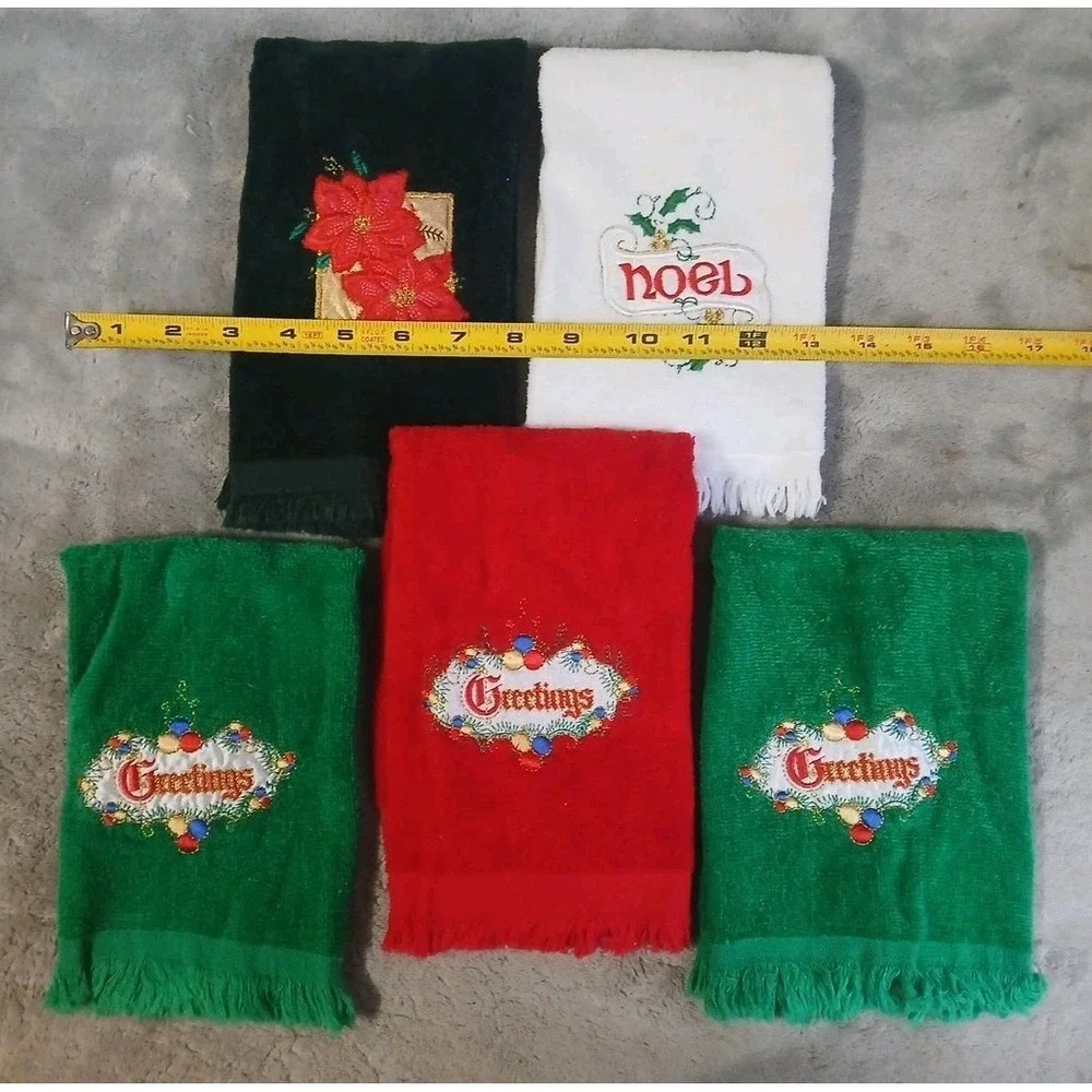 Vtg 5 Christmas‎ Guest Towels Terry Embroidered Greetings Noel Poinsettia READ